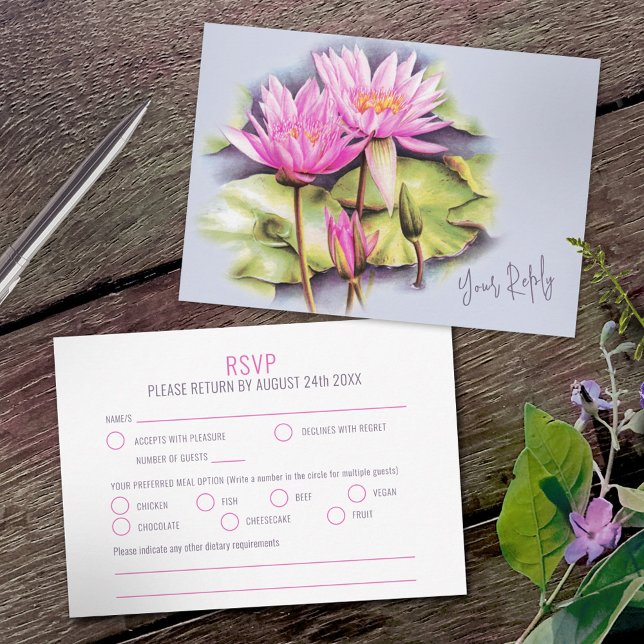 waterlily botanical art pink purple blue wedding RSVP card (Creator Uploaded)