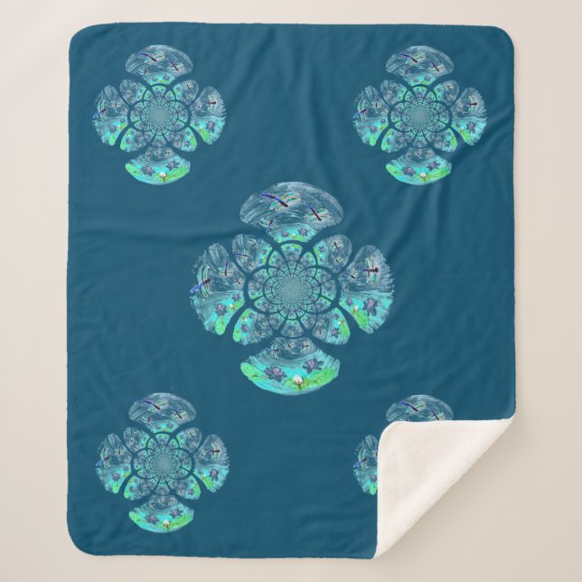 Waterlily Dragonfly Nature Pattern Sherpa Blanket (Front)