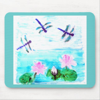 Waterlily Flowers Painting with Dragonfly Mouse Pad