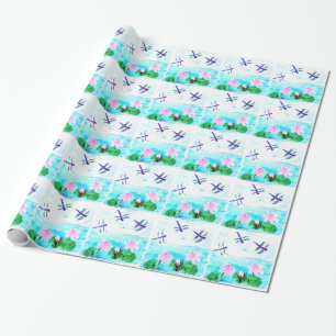 Waterlily Flowers Turquoise Dragonfly Wrapping Paper