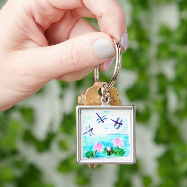 Waterlily Pond Painting Dragonfly Key Ring (Hand)