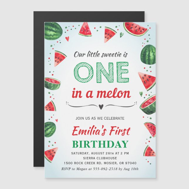 Watermelon 1st First Birthday Party Girl Summer Magnetic Invitation (Front/Back)