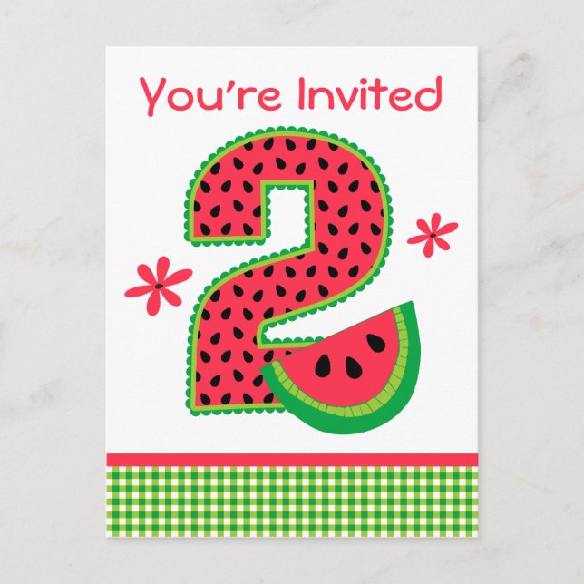 Watermelon 2nd Birthday Gingham Invitation Postcard (Front)