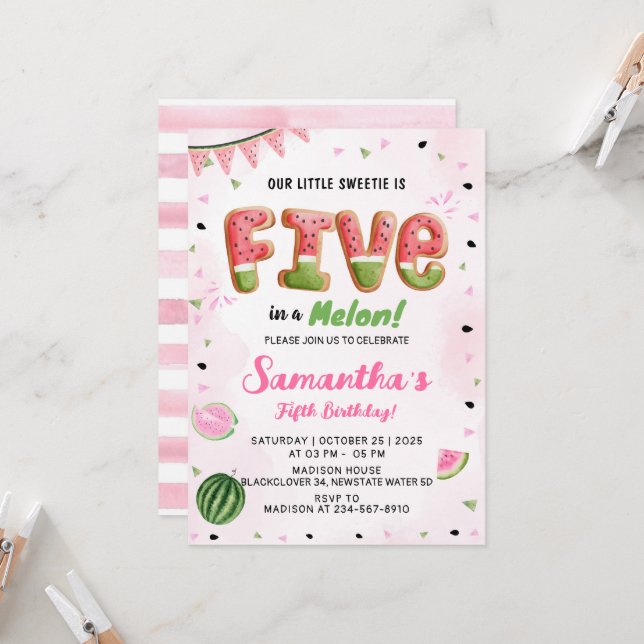 Watermelon 5th Birthday Party Invitation (Front/Back In Situ)