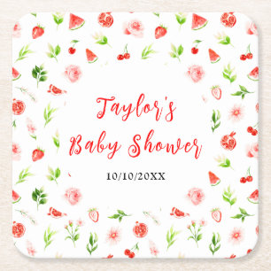 Watermelon and Pomegranate Baby Shower Square Paper Coaster