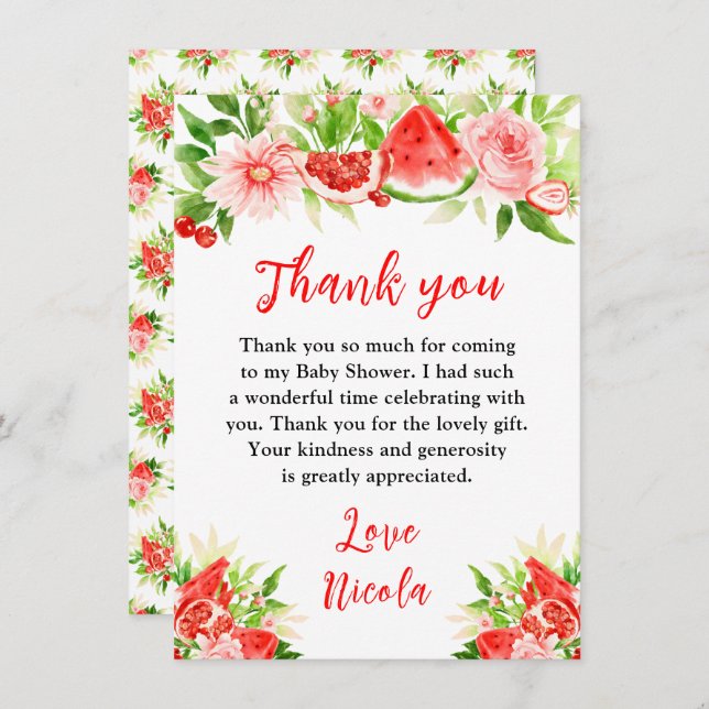 Watermelon and Pomegranate Baby Shower Thank You Card (Front/Back)