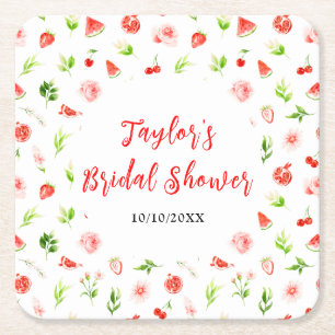 Watermelon and Pomegranate Bridal Shower Square Paper Coaster
