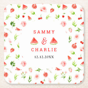 Watermelon and Pomegranate Wedding Square Paper Coaster