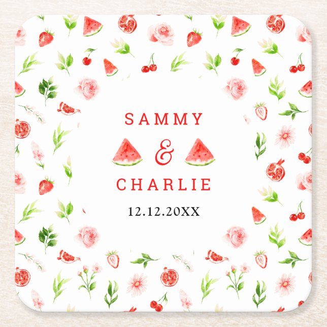 Watermelon and Pomegranate Wedding Square Paper Coaster (Front)