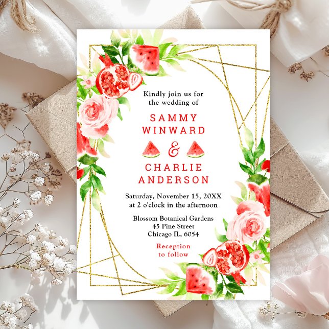 Watermelon and Pomegranate with Foliage Wedding Invitation (Creator Uploaded)
