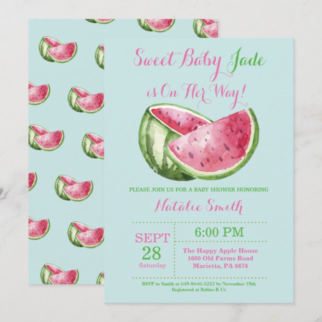 Watermelon Baby Shower Aqua Teal Turquoise Invitation (Front/Back)