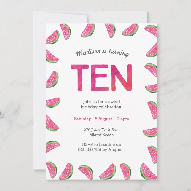 Watermelon Birthday invitation for 10th Birthday (Front)