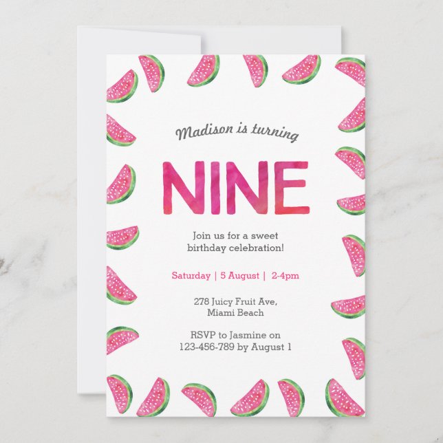 Watermelon Birthday invitation for 9th Birthday (Front)