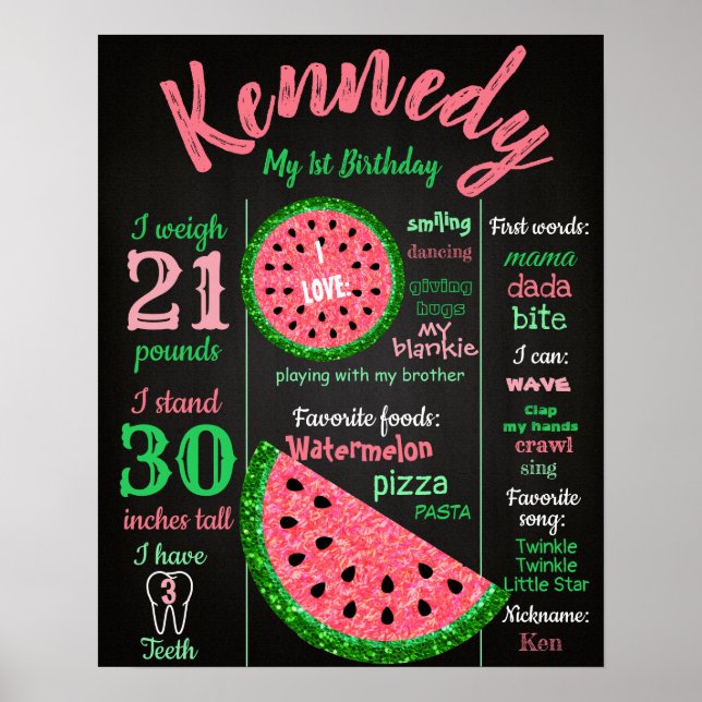 Watermelon birthday Poster, Milestone chalkboard Poster (Front)