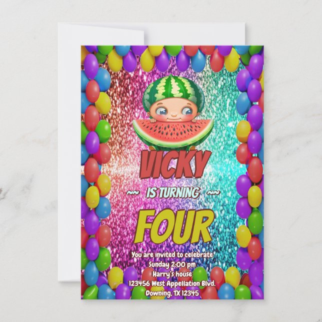 Watermelon cartoon birthday invite for kids (Front)