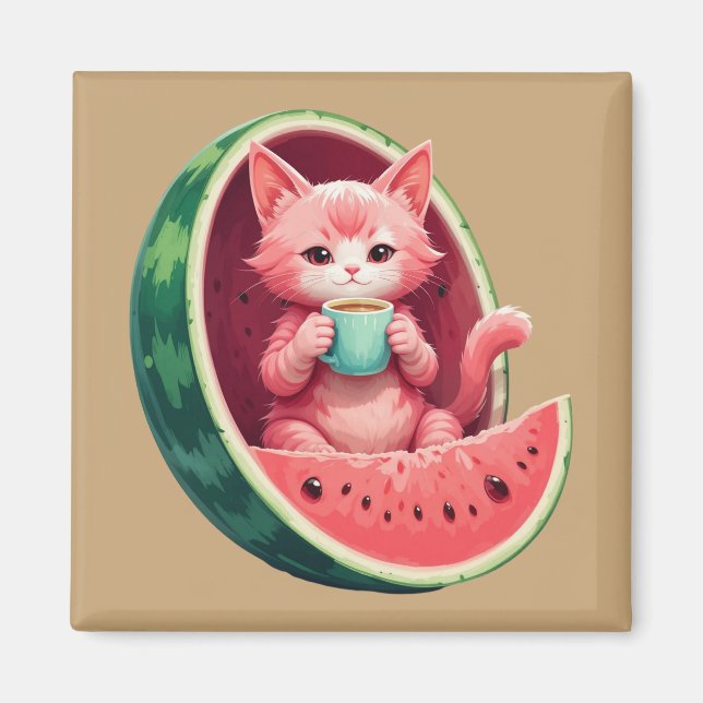 Watermelon Cat Coffee Break Magnet (Front)
