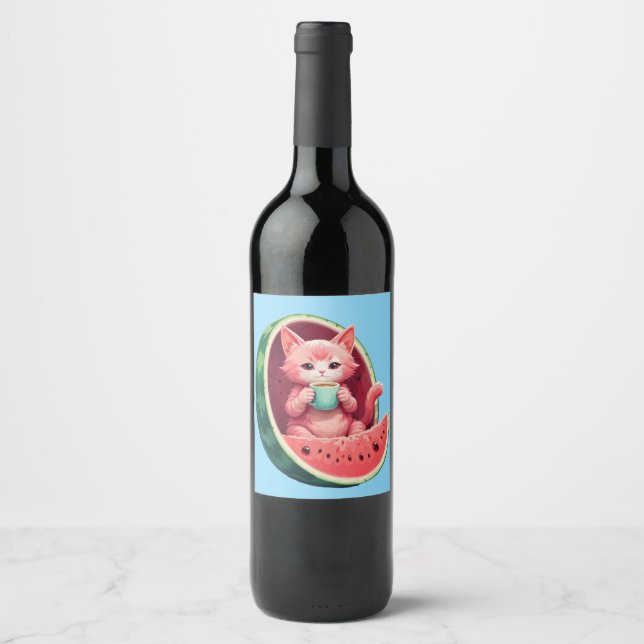 Watermelon Cat Coffee Break Wine Label (Front)