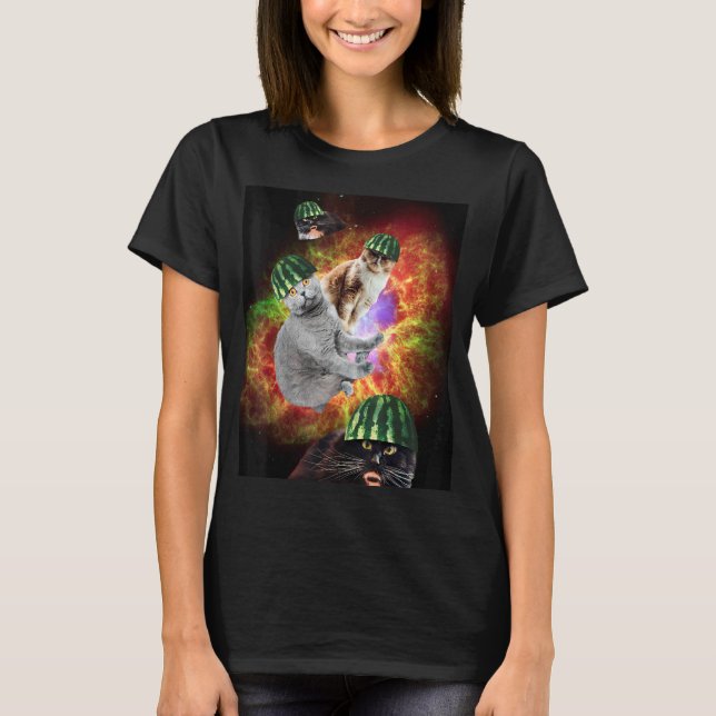 Watermelon Cat Space Galaxy Cats T-Shirt (Front)