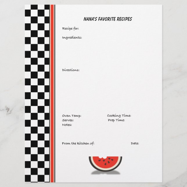 Watermelon Chequered Custom Recipe Page (unlined) (Front)