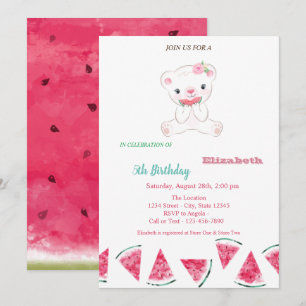 Watermelon,Cute Teddy Bear Summer Party Birthday Invitation