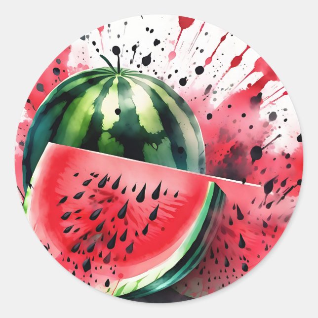Watermelon Explosion Watercolor Classic Round Sticker (Front)
