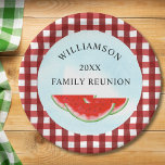 Watermelon Family Reunion Paper Plate<br><div class="desc">Are you planning a family reunion?
Add these cheerful paper plates to your table decor. They are decorated with watercolor watermelons and a blue sky on a red and white buffalo check background.
Easily customisable.
Original Watercolor © Michele Davies.</div>