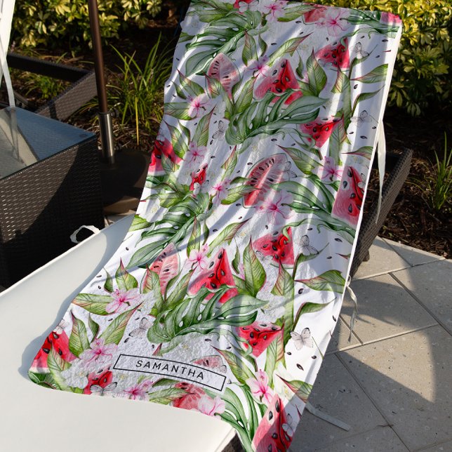 Watermelon Floral | Tropical Summer Monogram  Beach Towel (Creator Uploaded)