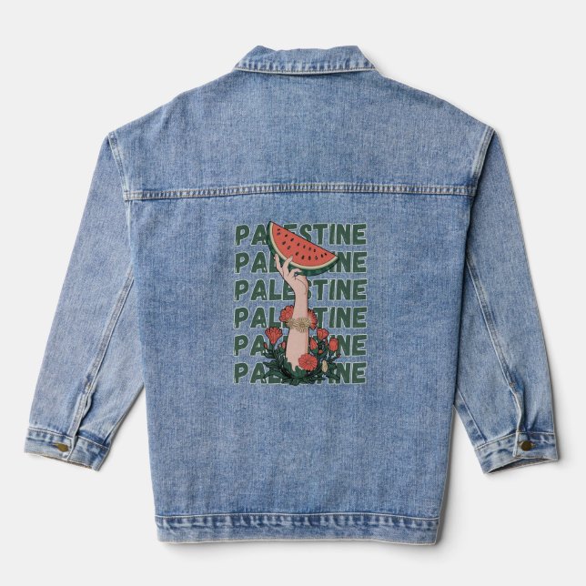 watermelon, flowers, and free palestine Repeat  Denim Jacket (Back)
