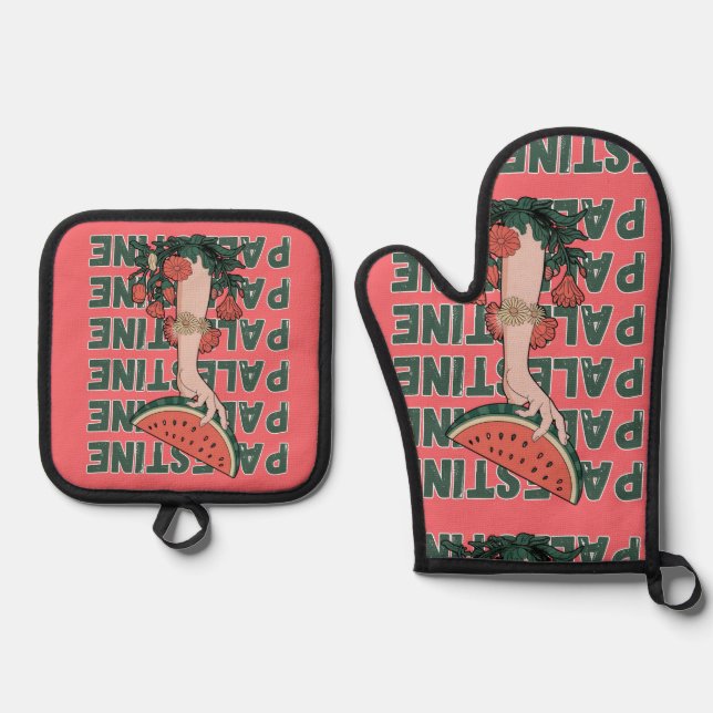 watermelon, flowers, and  palestine text Repeat  Oven Mitt & Pot Holder Set (Front)