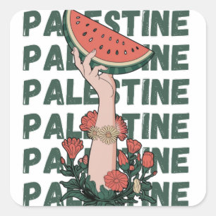 watermelon, flowers, and palestine text Repeat Square Sticker