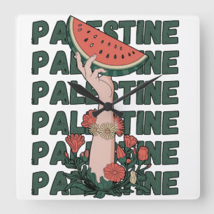 watermelon, flowers, and palestine text Repeat Square Wall Clock