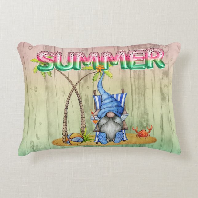 Watermelon Foil Balloons And Beach Gnome With Palm Decorative Cushion (Front)
