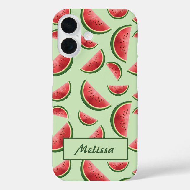 Watermelon Fruit Pattern On Green With Custom Name Case-Mate iPhone Case (Back)