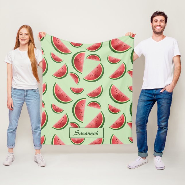 Watermelon Fruit Pattern On Green With Custom Name Fleece Blanket (In Situ)