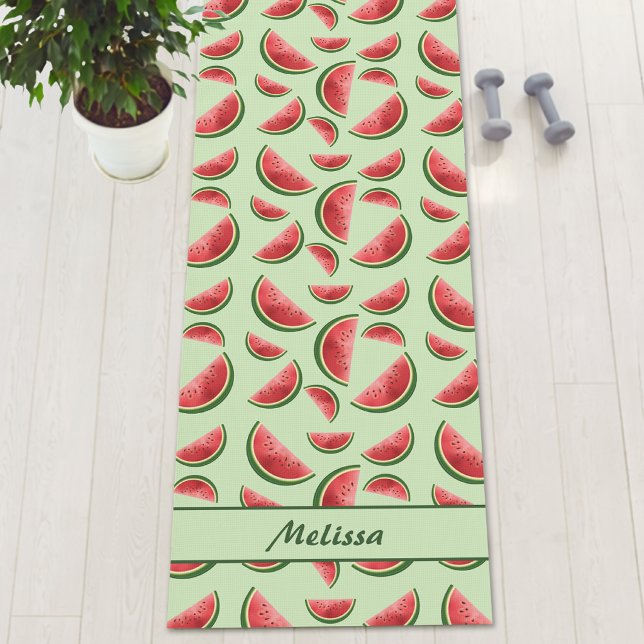 Watermelon Fruit Pattern On Green With Custom Name Yoga Mat (Creator Uploaded)