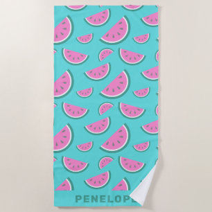 Watermelon Fruit Pattern Turquoise Personalised Beach Towel