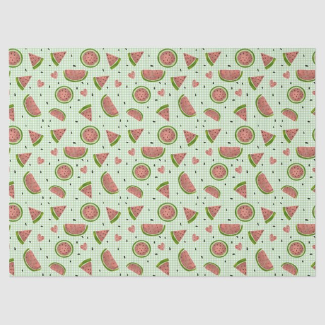 Watermelon Fruit Seamless Pattern on Green Gingham Tissue Paper (Front)