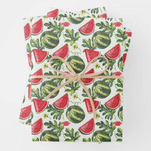 Watermelon Fruit, Watermelon Slices and Leaves  Wrapping Paper Sheet