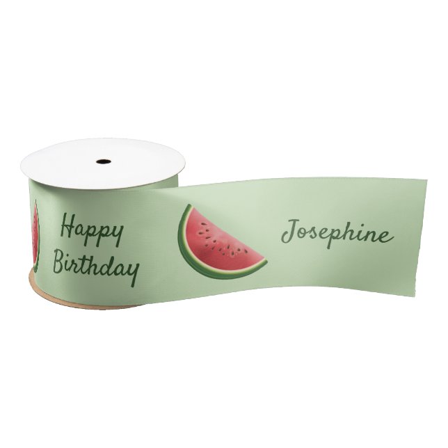 Watermelon Fruits On Green With Custom Text Satin Ribbon (Spool)