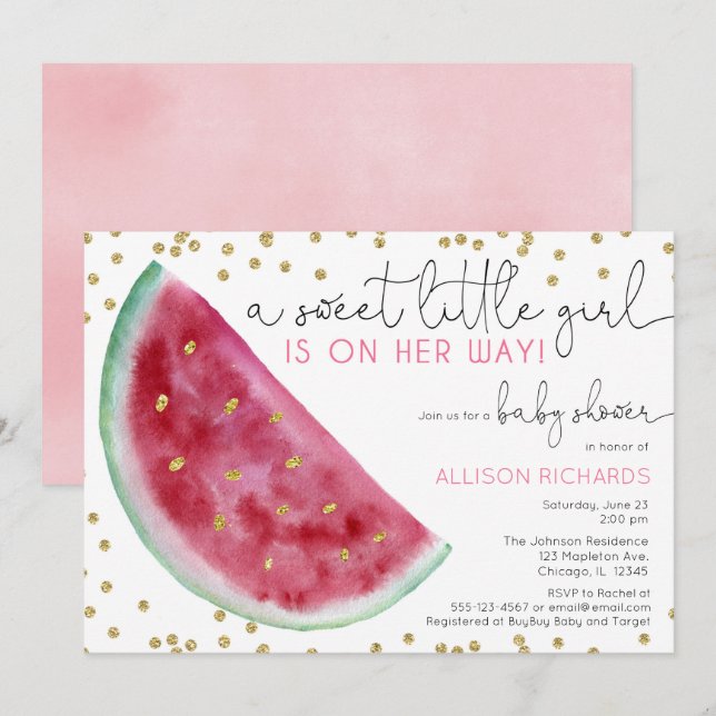 Watermelon girl baby shower sweet little girl invitation (Front/Back)