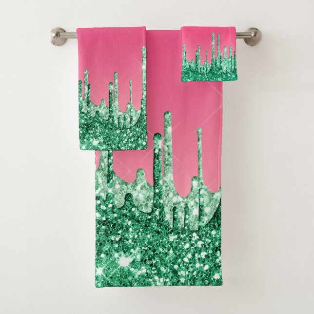 Watermelon Green and Pink Glitter Dripping Luxury Bath Towel Set (Insitu)