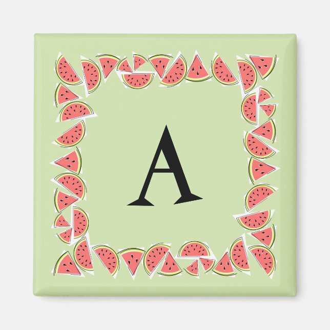Watermelon Green Pieces Square Monogram Magnet (Front)