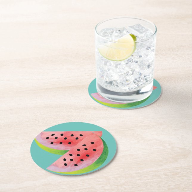Watermelon Halves Pink Round Paper Coaster (Insitu)