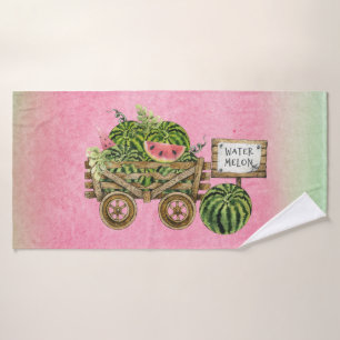 Watermelon Harvest Farmhouse Watercolor Wood Cart Bath Towel