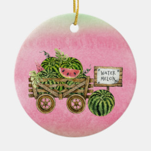 Watermelon Harvest Farmhouse Watercolor Wood Cart  Ceramic Tree Decoration