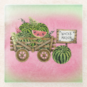 Watermelon Harvest Farmhouse Watercolor Wood Cart Glass Coaster