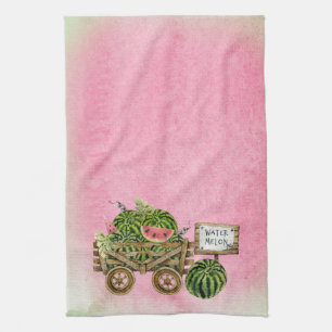 Watermelon Harvest Farmhouse Watercolor Wood Cart Tea Towel