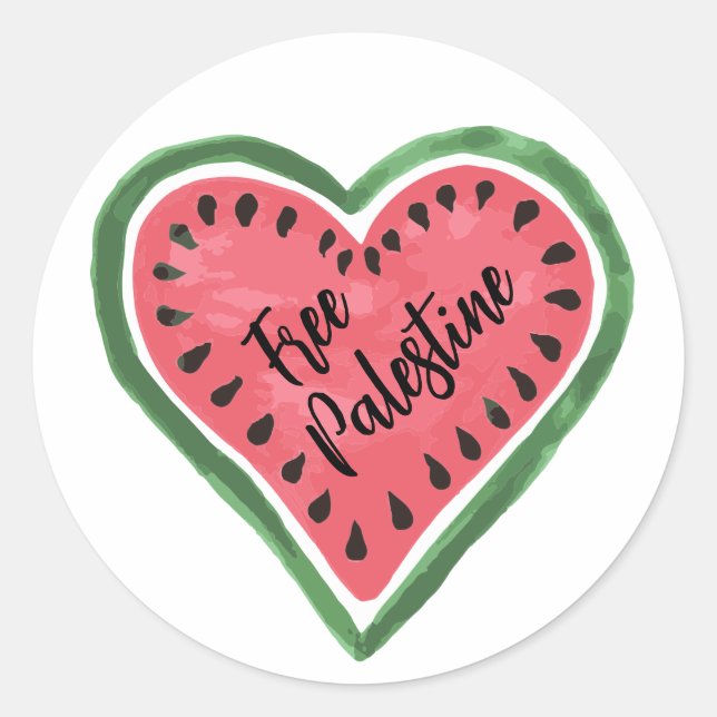 Watermelon Heart "Free Palestine" Classic Round Sticker (Front)
