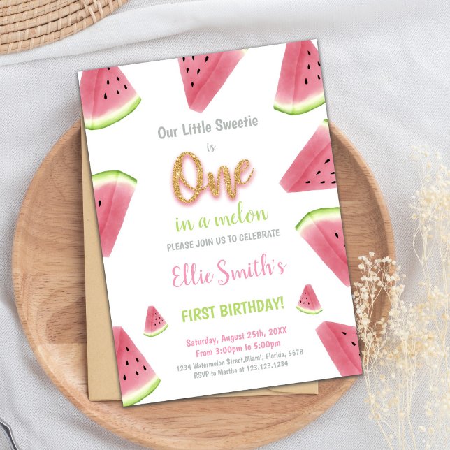 Watermelon Invitation, One in a melon invitation (Glitter Watermelon Birthday Invitations)