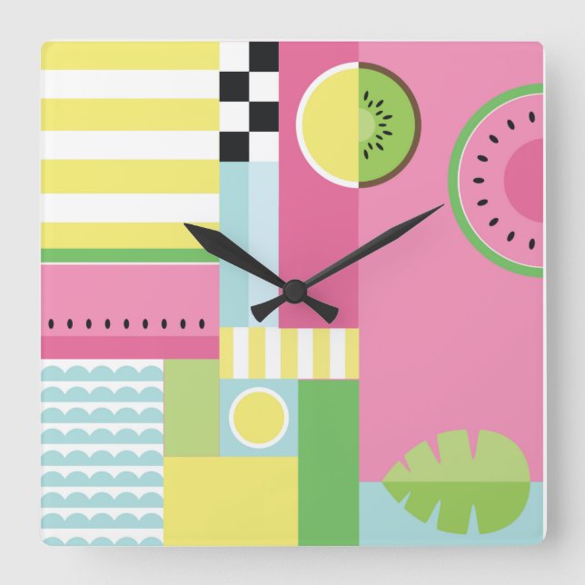 Watermelon, kiwi, summer fun colourful pattern square wall clock (Front)